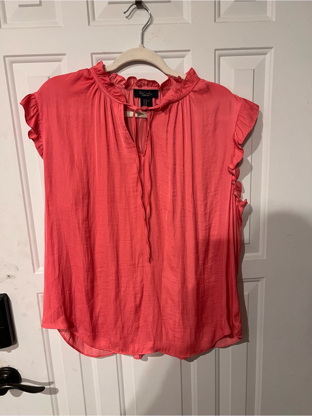 Rachel Coral Ruffle Tie-Neck Cap Sleeve Blouse